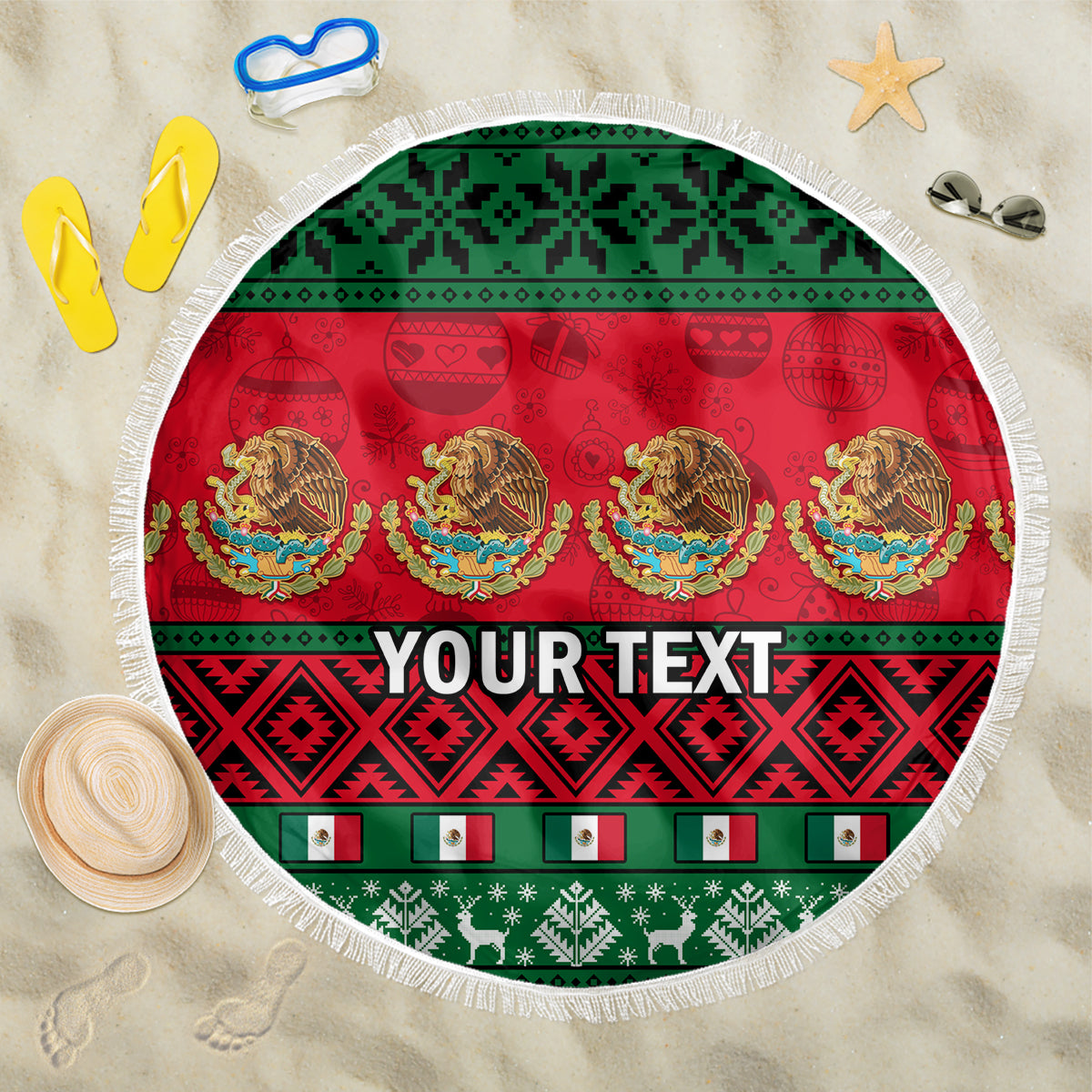 Circular beach blanket with red-green-black Mexico Christmas pattern, white fringe, “YOUR TEXT”