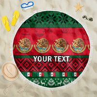 Circular beach blanket with red-green-black Mexico Christmas pattern, white fringe, “YOUR TEXT”