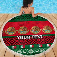 Circular beach blanket with red-green-black Mexico Christmas pattern, white fringe, “YOUR TEXT”