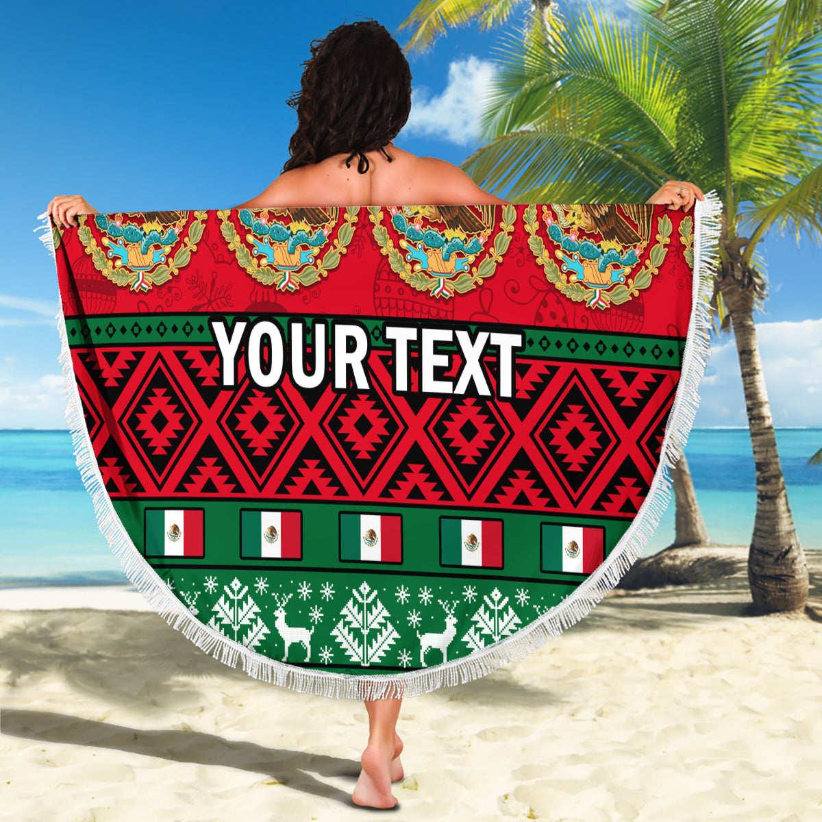 Circular Mexico Christmas beach blanket with red-green-black pattern, white fringe, “YOUR TEXT”