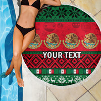 Circular beach blanket with red-green Mexico Christmas pattern, white fringe, “YOUR TEXT”