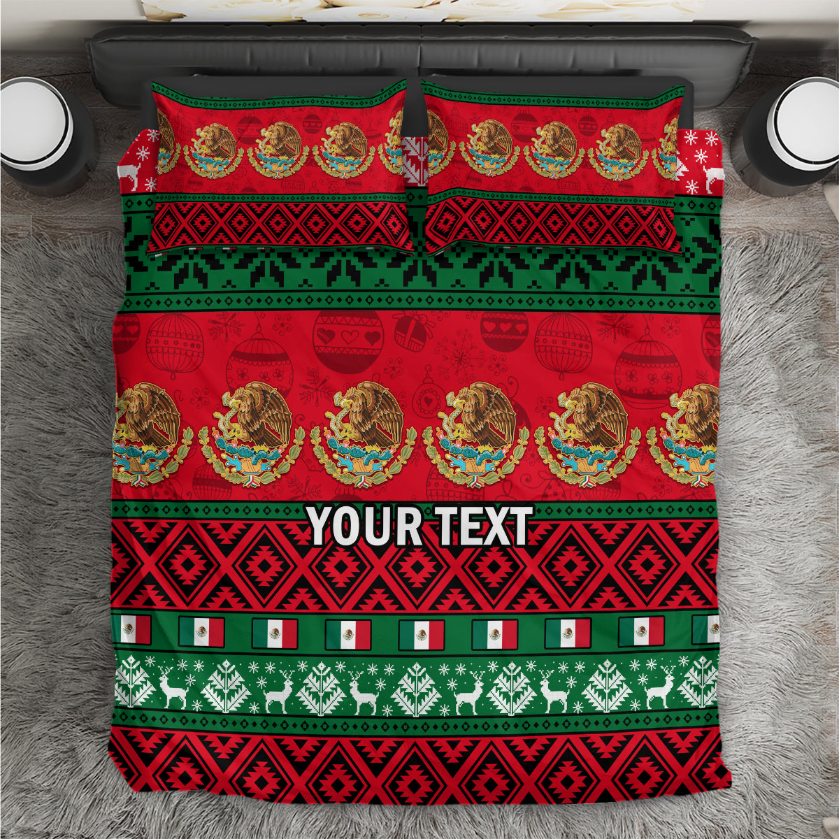 Red and green Mexican Christmas bedding set with 'YOUR TEXT' placeholder on duvet