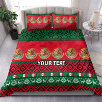 Red and green Mexican Christmas bedding set with two pillowcases and 'YOUR TEXT' duvet