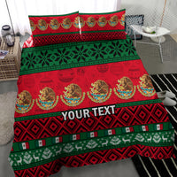 Red and green Mexican Christmas bedding set with two pillowcases and 'YOUR TEXT' duvet