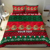 Red and green Mexican Christmas bedding set on bed with two pillowcases and 'YOUR TEXT'