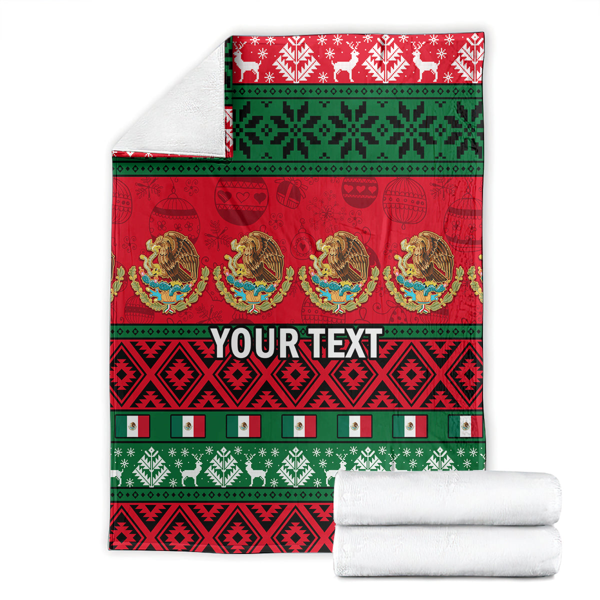 Folded red Christmas blanket with green stripes, holiday icons, medallions, and custom text