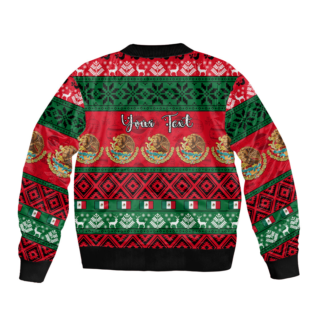 Red and green bomber jacket back with Your Text festive pattern, ribbed black hem