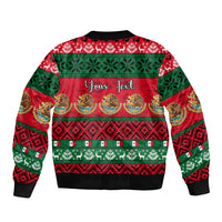 Red and green bomber jacket back with Your Text festive pattern, ribbed black hem