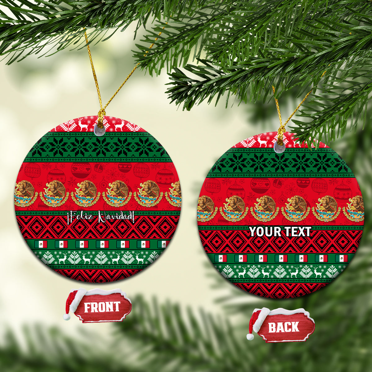 Personalized Mexico Christmas ceramic ornament, round disc with red green Feliz Navidad style pattern