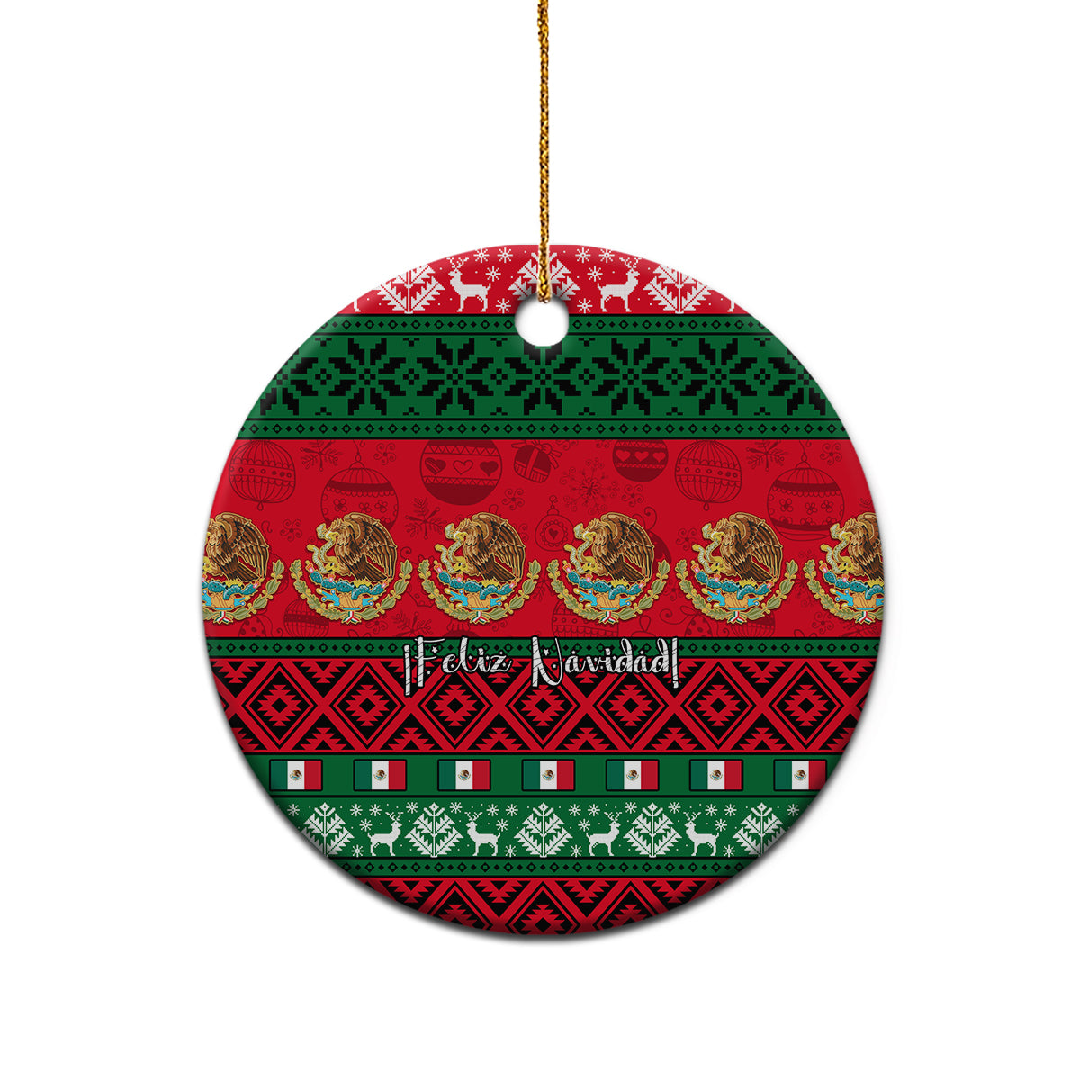 Personalized Mexico Christmas ceramic ornament, round disc with red green Feliz Navidad pattern