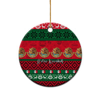 Personalized Mexico Christmas ceramic ornament, round disc with red green Feliz Navidad pattern