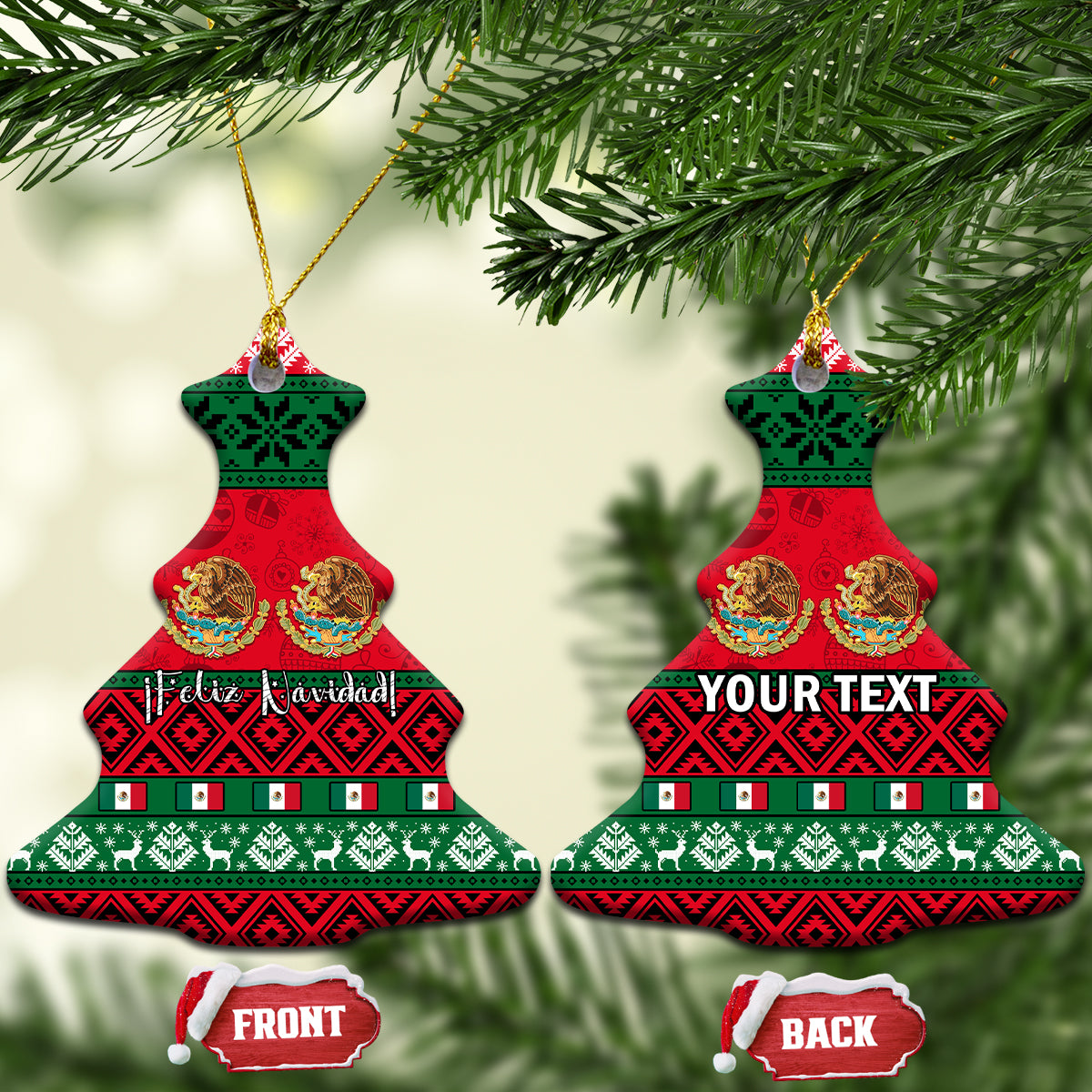 Personalized Mexico Christmas ceramic ornament, Christmas tree shape with red and green pattern