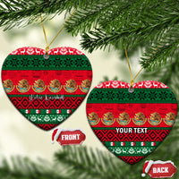 Personalized Mexico Christmas ceramic ornament, heart shape with red and green Feliz Navidad pattern