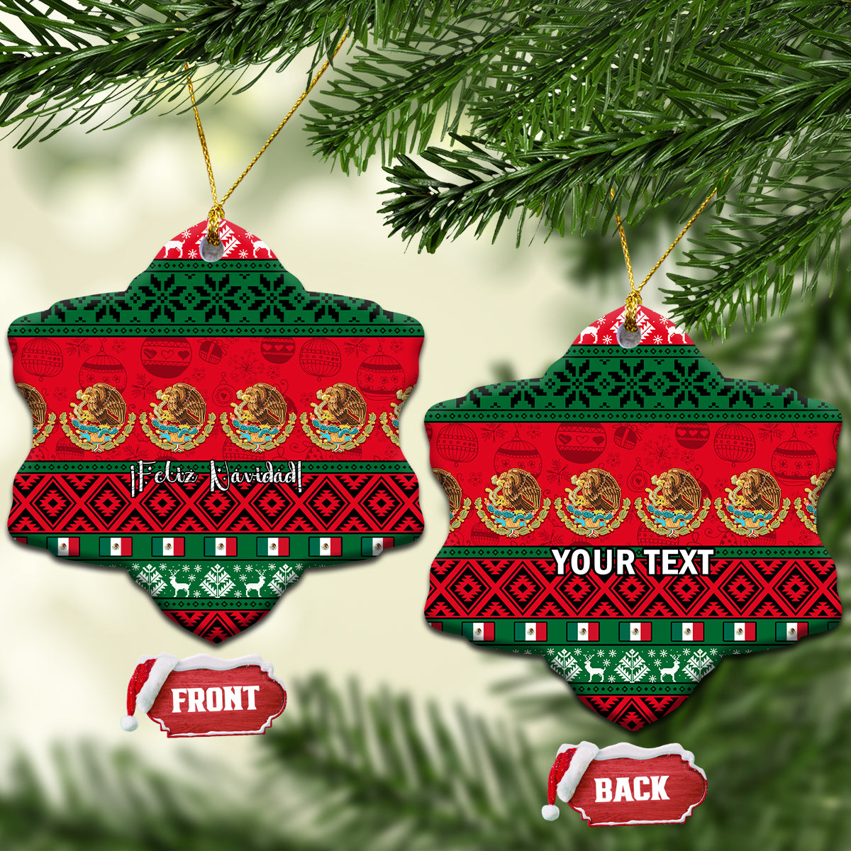 Personalized Mexico Christmas ceramic ornament, snowflake shape with red and green festive pattern