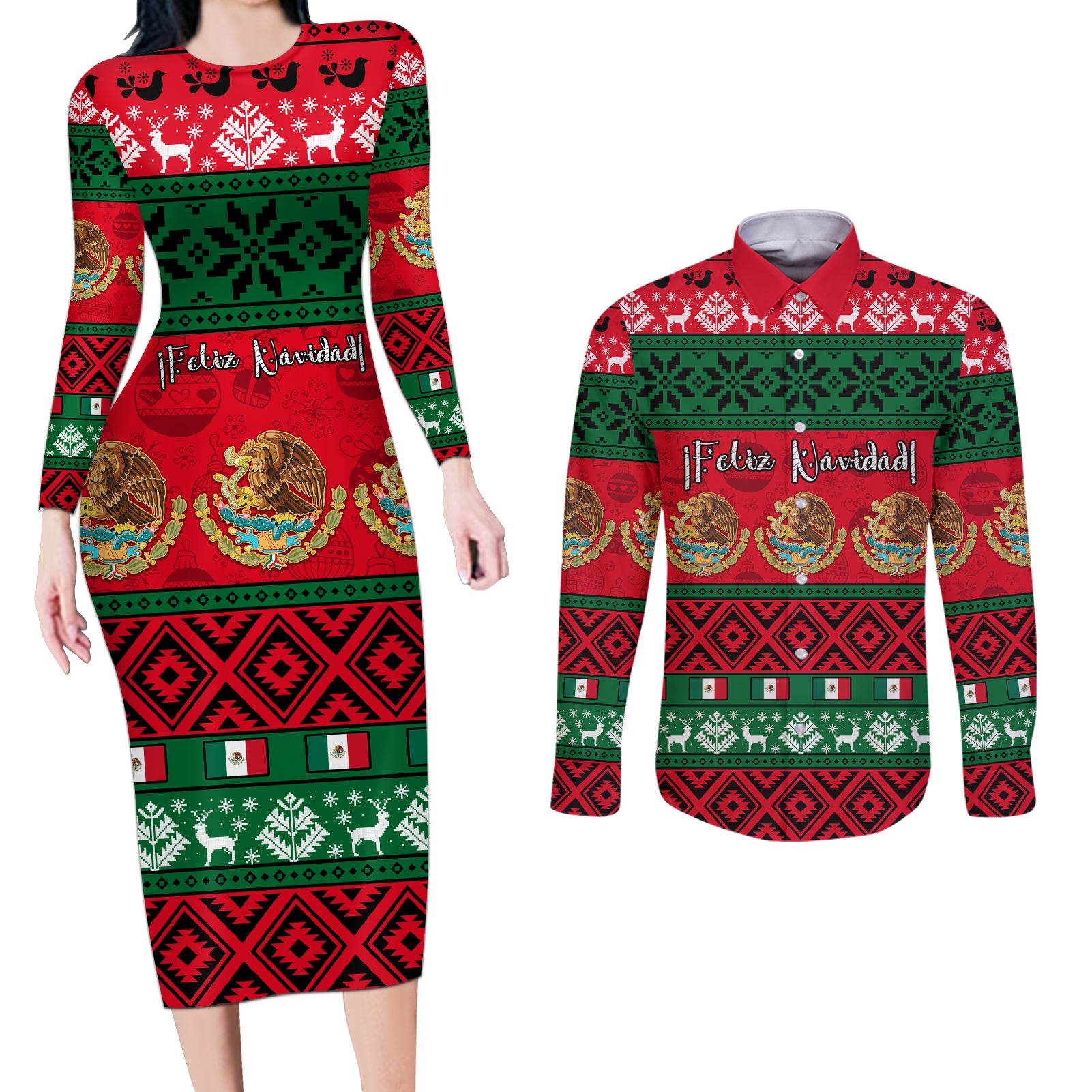 personalised-mexico-christmas-couples-matching-long-sleeve-bodycon-dress-and-long-sleeve-button-shirt-feliz-navidad-mexican-pattern