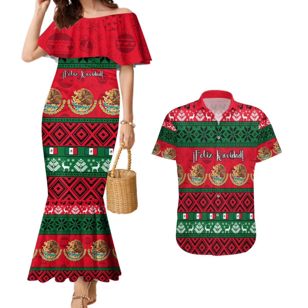 personalised-mexico-christmas-couples-matching-mermaid-dress-and-hawaiian-shirt-feliz-navidad-mexican-pattern