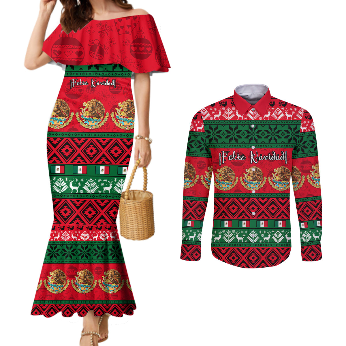 personalised-mexico-christmas-couples-matching-mermaid-dress-and-long-sleeve-button-shirt-feliz-navidad-mexican-pattern