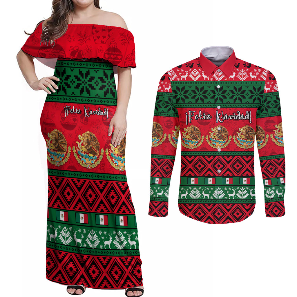 personalised-mexico-christmas-couples-matching-off-shoulder-maxi-dress-and-long-sleeve-button-shirt-feliz-navidad-mexican-pattern