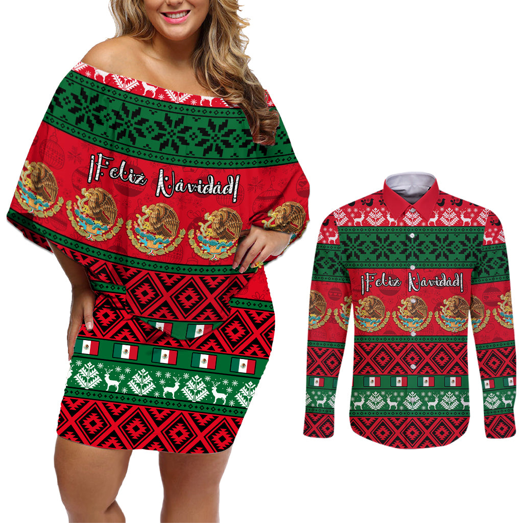 personalised-mexico-christmas-couples-matching-off-shoulder-short-dress-and-long-sleeve-button-shirt-feliz-navidad-mexican-pattern