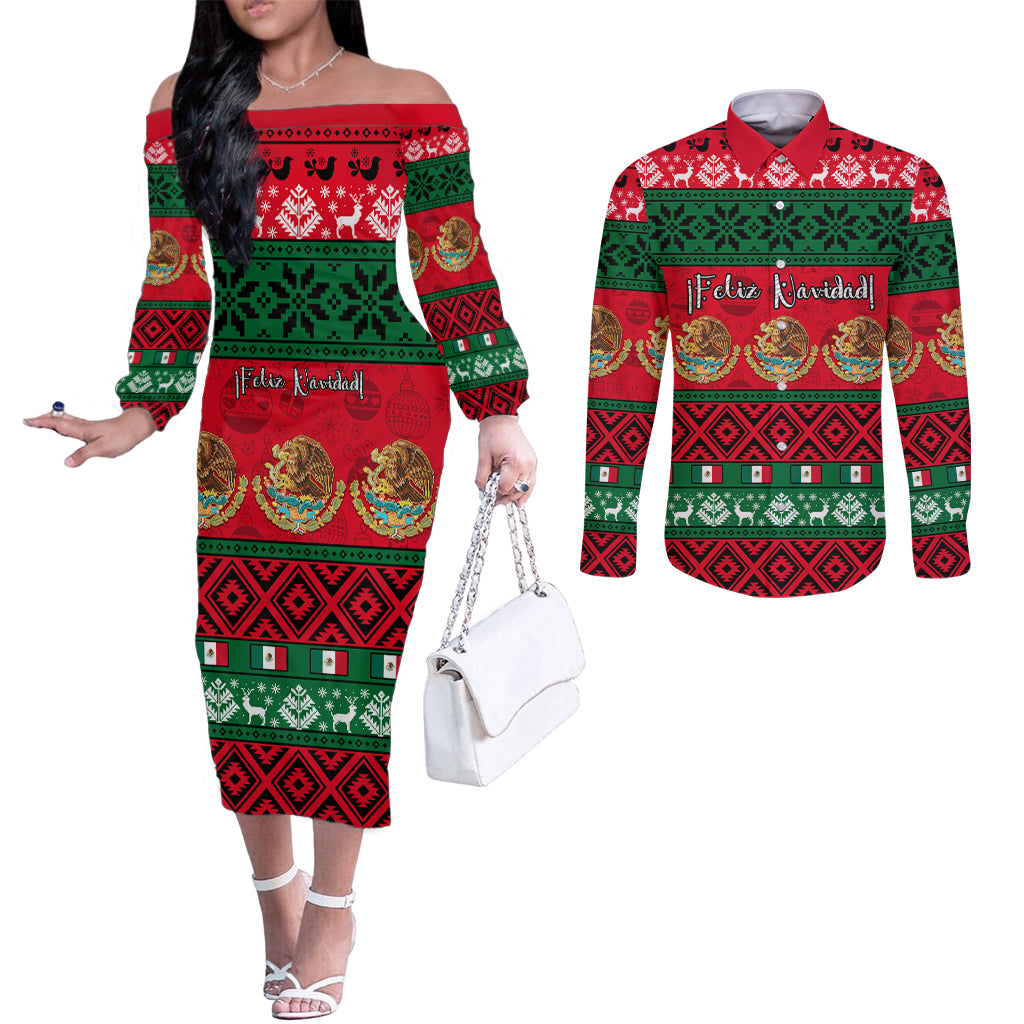 personalised-mexico-christmas-couples-matching-off-the-shoulder-long-sleeve-dress-and-long-sleeve-button-shirt-feliz-navidad-mexican-pattern