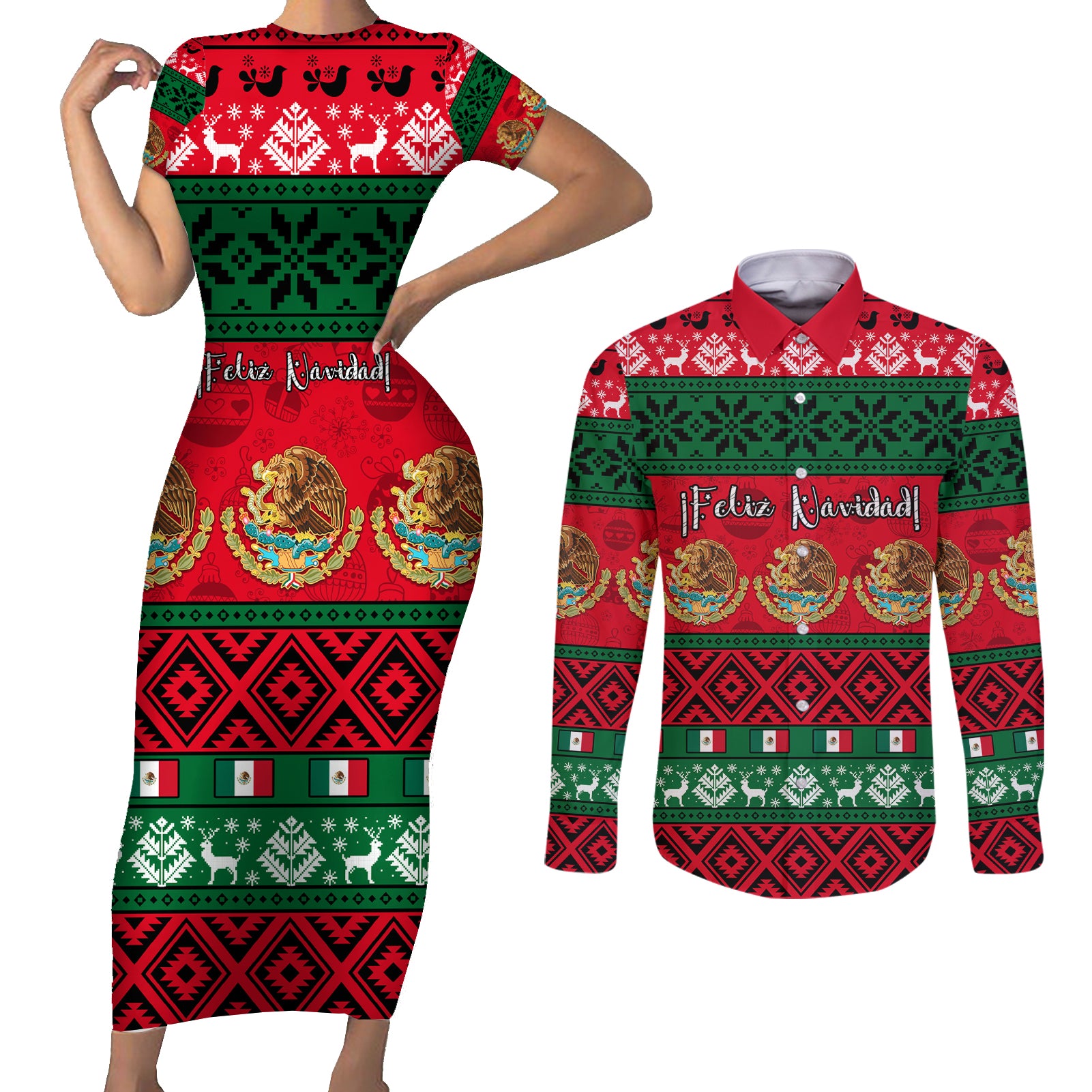 personalised-mexico-christmas-couples-matching-short-sleeve-bodycon-dress-and-long-sleeve-button-shirt-feliz-navidad-mexican-pattern