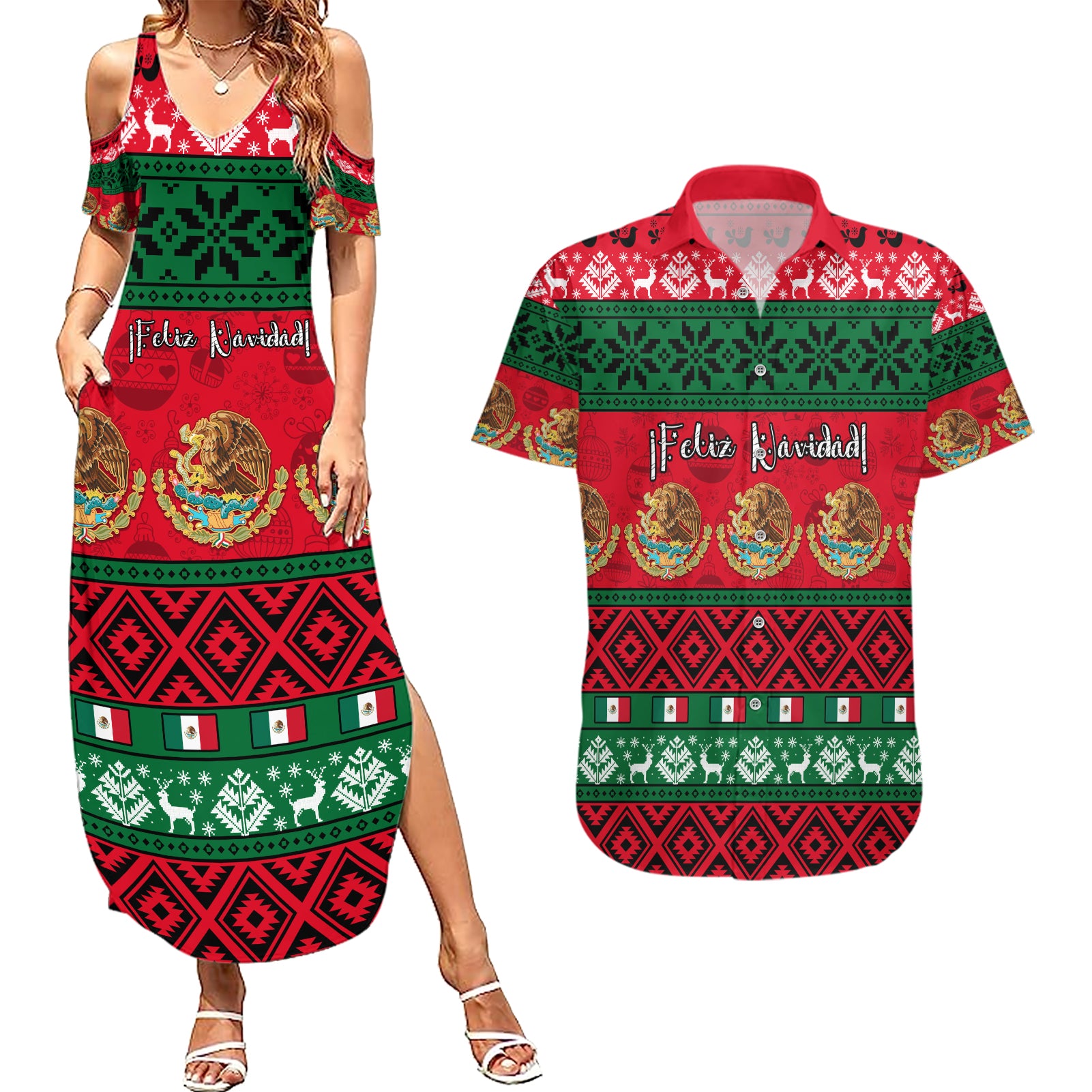 personalised-mexico-christmas-couples-matching-summer-maxi-dress-and-hawaiian-shirt-feliz-navidad-mexican-pattern