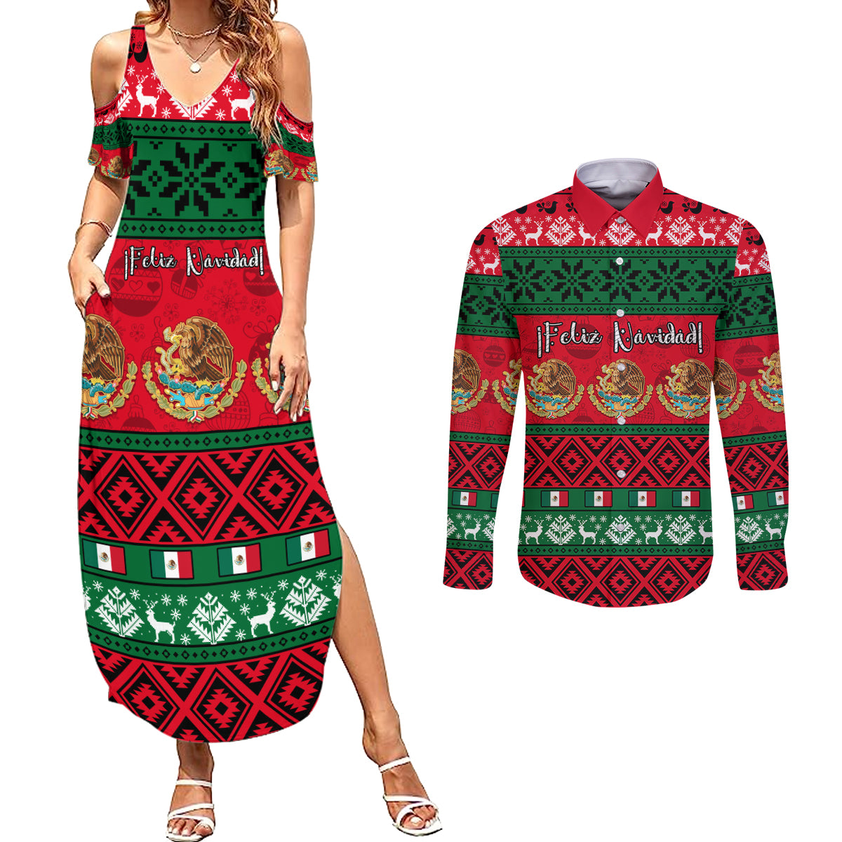 personalised-mexico-christmas-couples-matching-summer-maxi-dress-and-long-sleeve-button-shirt-feliz-navidad-mexican-pattern