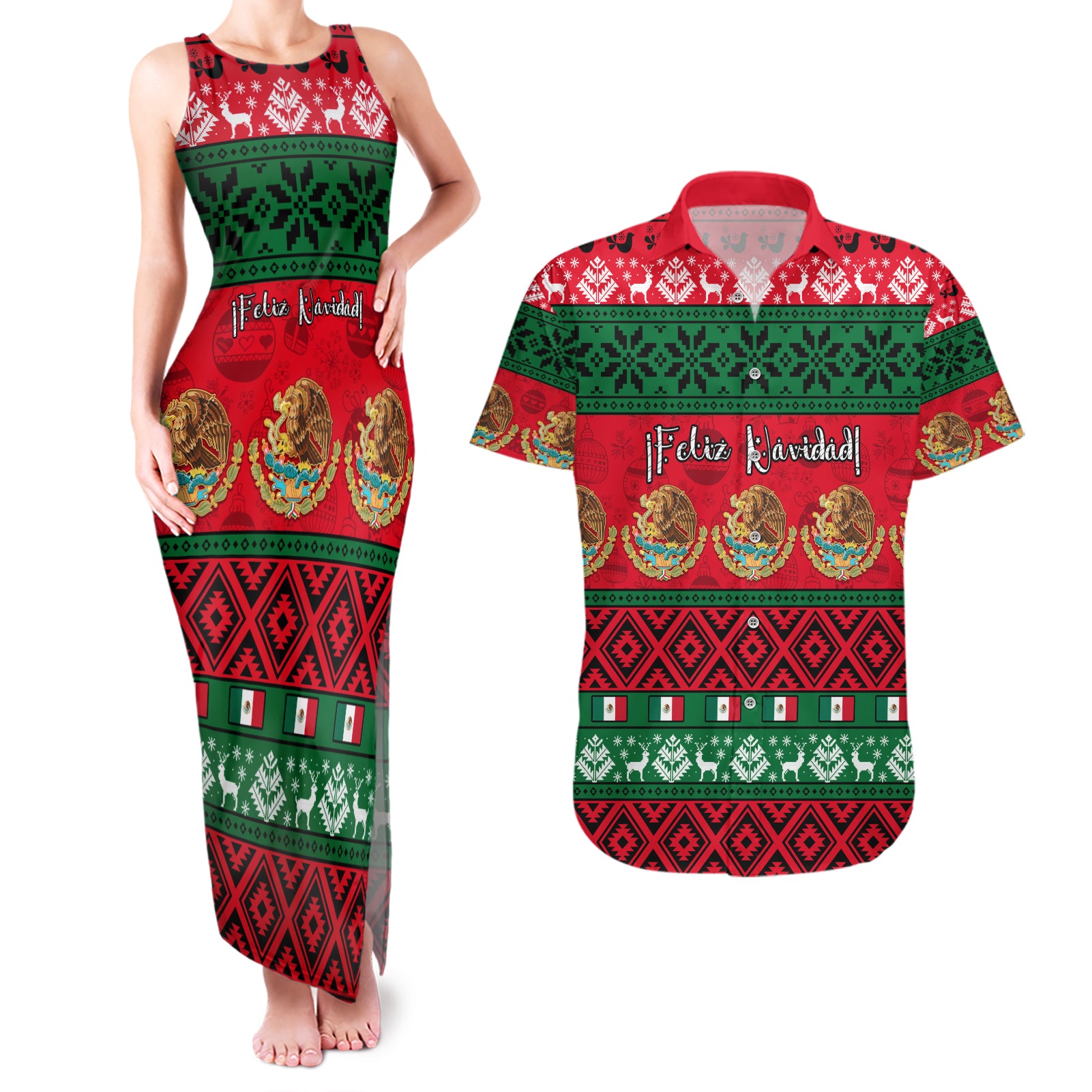 personalised-mexico-christmas-couples-matching-tank-maxi-dress-and-hawaiian-shirt-feliz-navidad-mexican-pattern