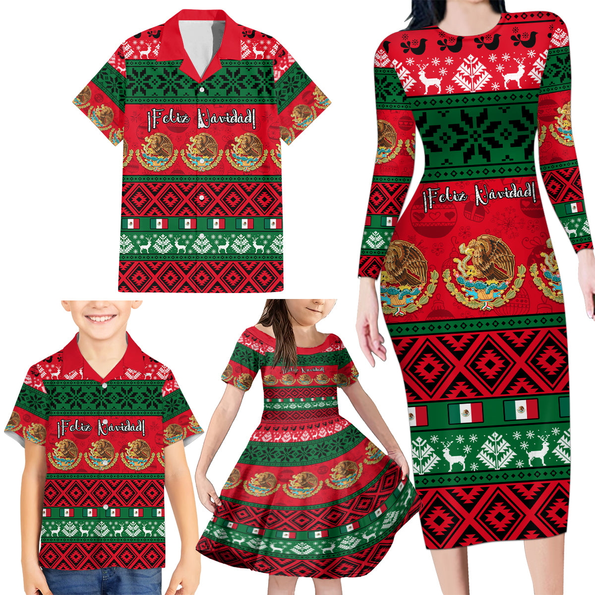 personalised-mexico-christmas-family-matching-long-sleeve-bodycon-dress-and-hawaiian-shirt-feliz-navidad-mexican-pattern