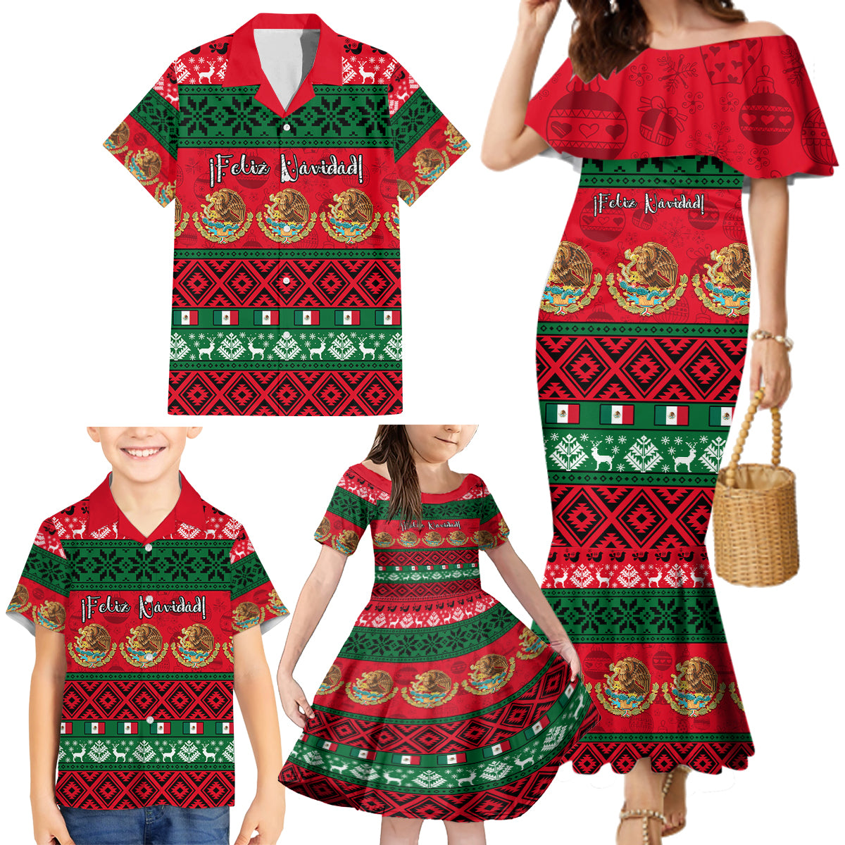 personalised-mexico-christmas-family-matching-mermaid-dress-and-hawaiian-shirt-feliz-navidad-mexican-pattern