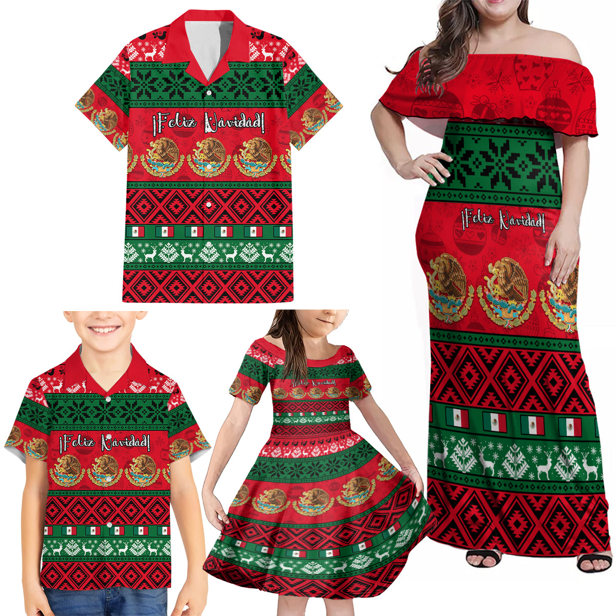 personalised-mexico-christmas-family-matching-off-shoulder-maxi-dress-and-hawaiian-shirt-feliz-navidad-mexican-pattern