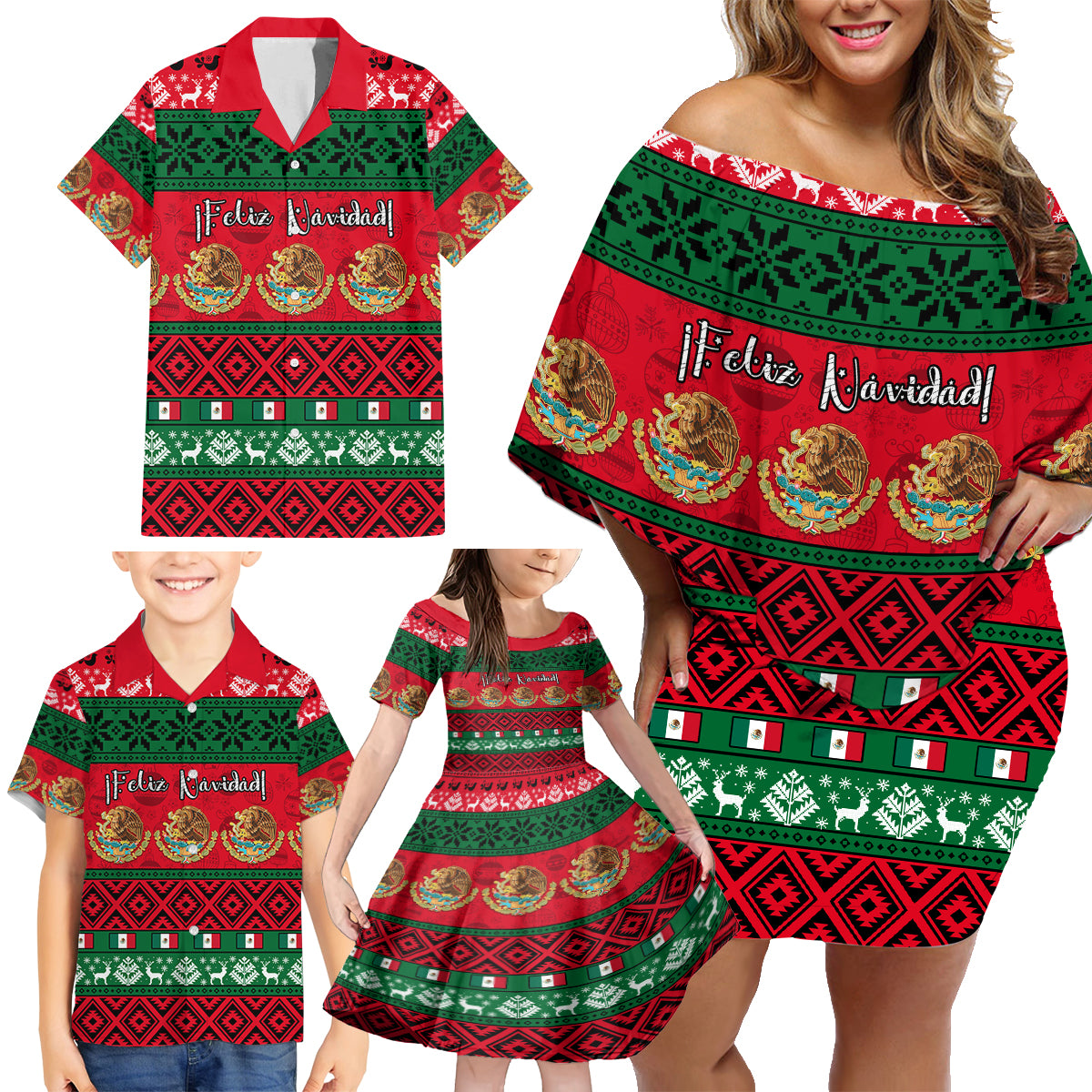 personalised-mexico-christmas-family-matching-off-shoulder-short-dress-and-hawaiian-shirt-feliz-navidad-mexican-pattern