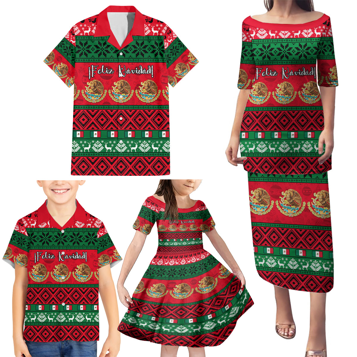 personalised-mexico-christmas-family-matching-puletasi-dress-and-hawaiian-shirt-feliz-navidad-mexican-pattern