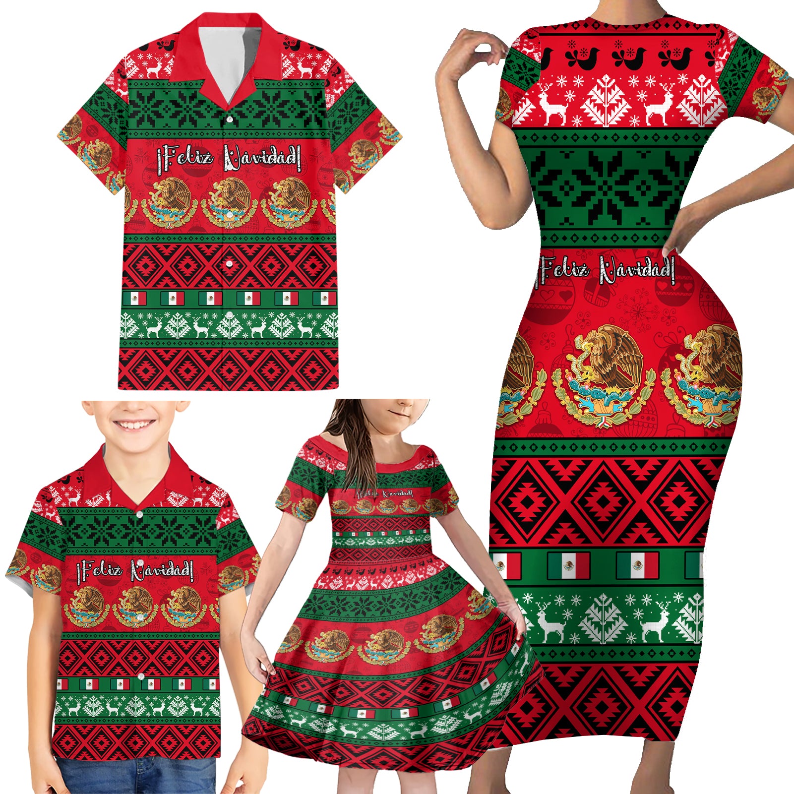 personalised-mexico-christmas-family-matching-short-sleeve-bodycon-dress-and-hawaiian-shirt-feliz-navidad-mexican-pattern