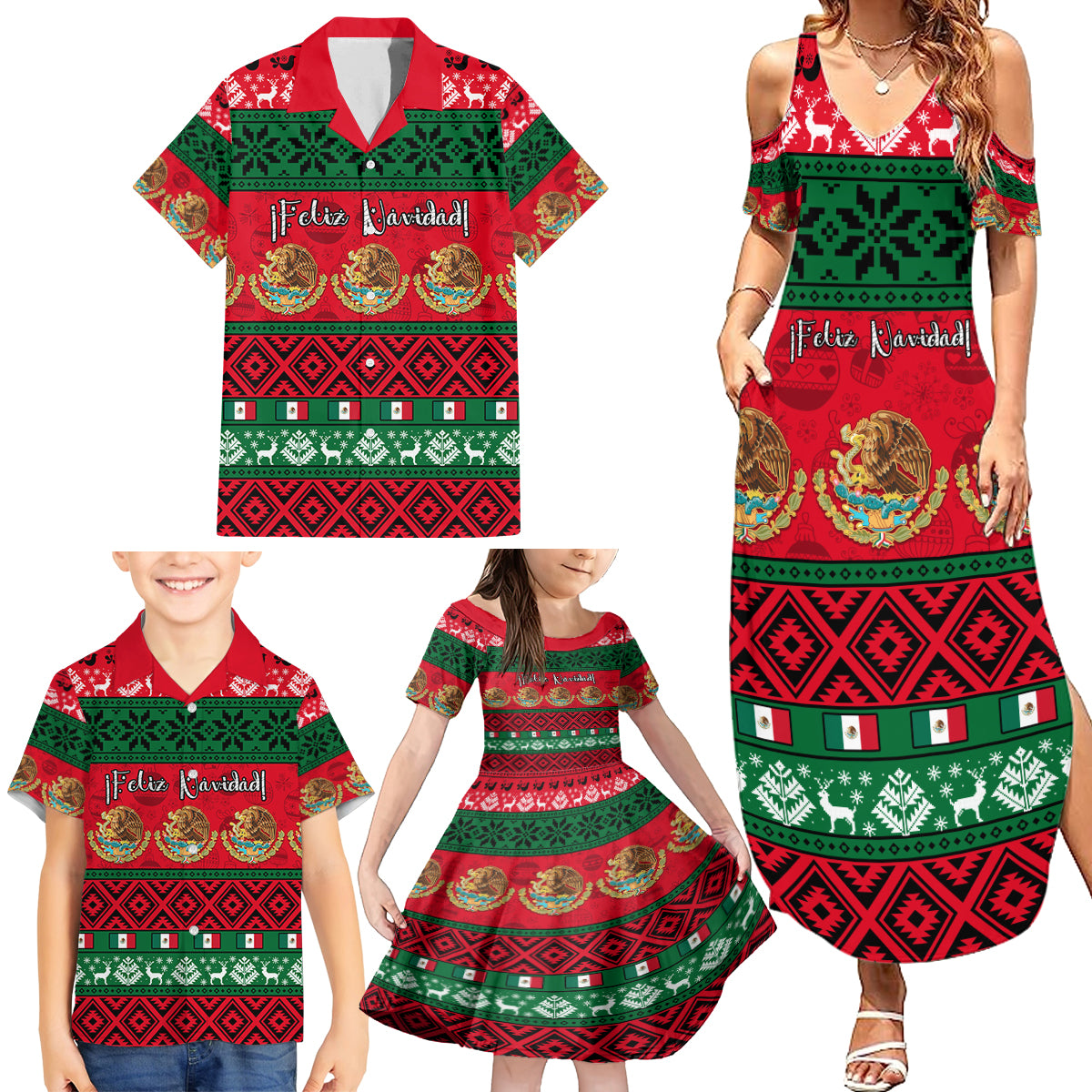 personalised-mexico-christmas-family-matching-summer-maxi-dress-and-hawaiian-shirt-feliz-navidad-mexican-pattern