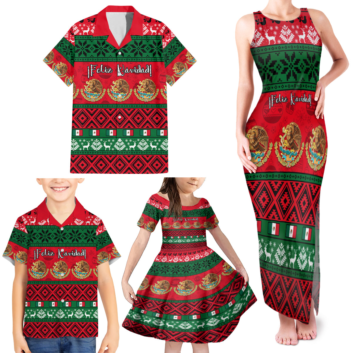 personalised-mexico-christmas-family-matching-tank-maxi-dress-and-hawaiian-shirt-feliz-navidad-mexican-pattern