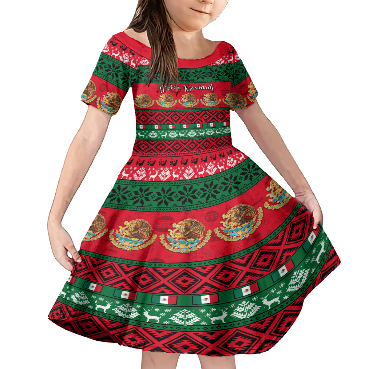 personalised-mexico-christmas-kid-short-sleeve-dress-feliz-navidad-mexican-pattern