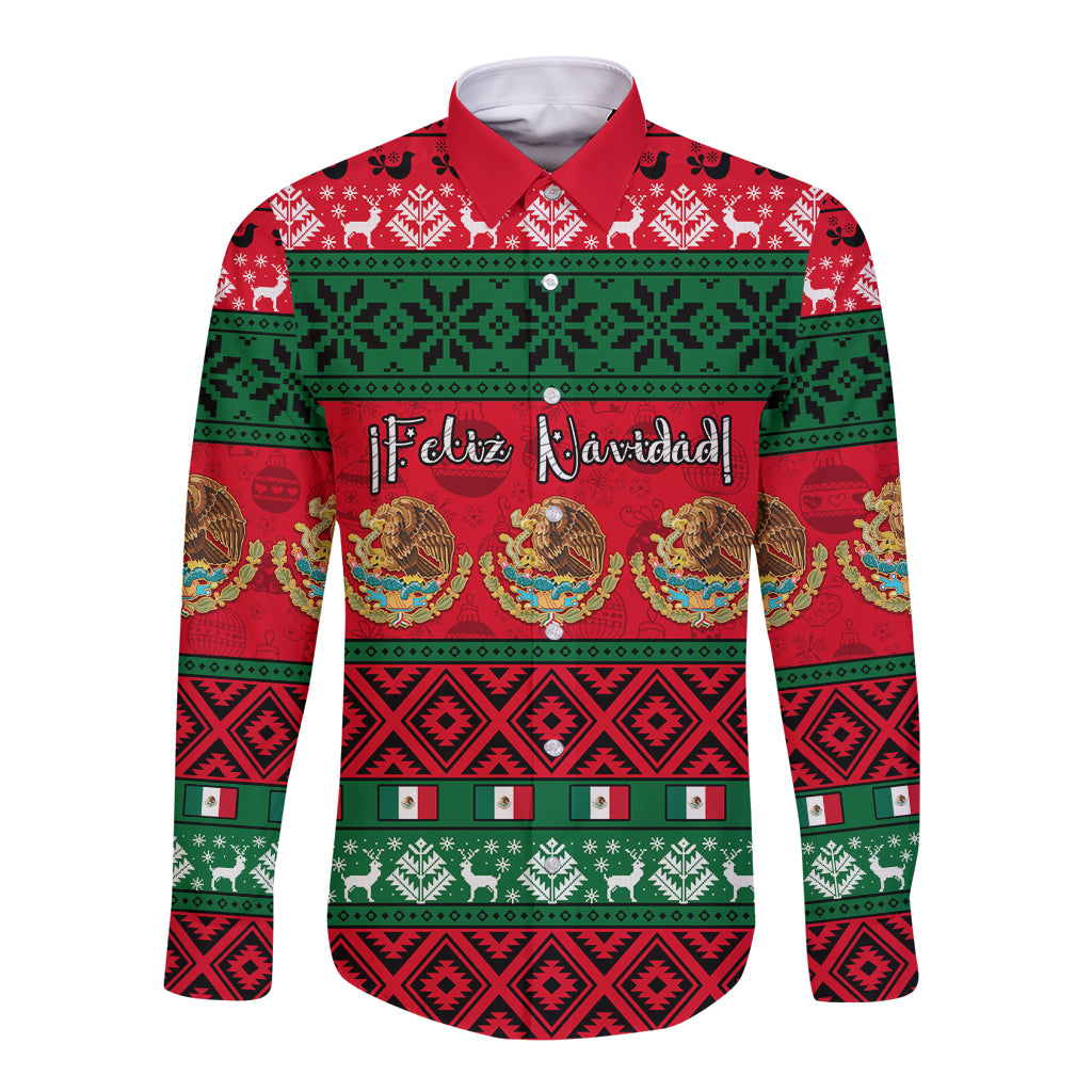 Red long-sleeve button shirt with green festive Mexican pattern and Feliz Navidad text