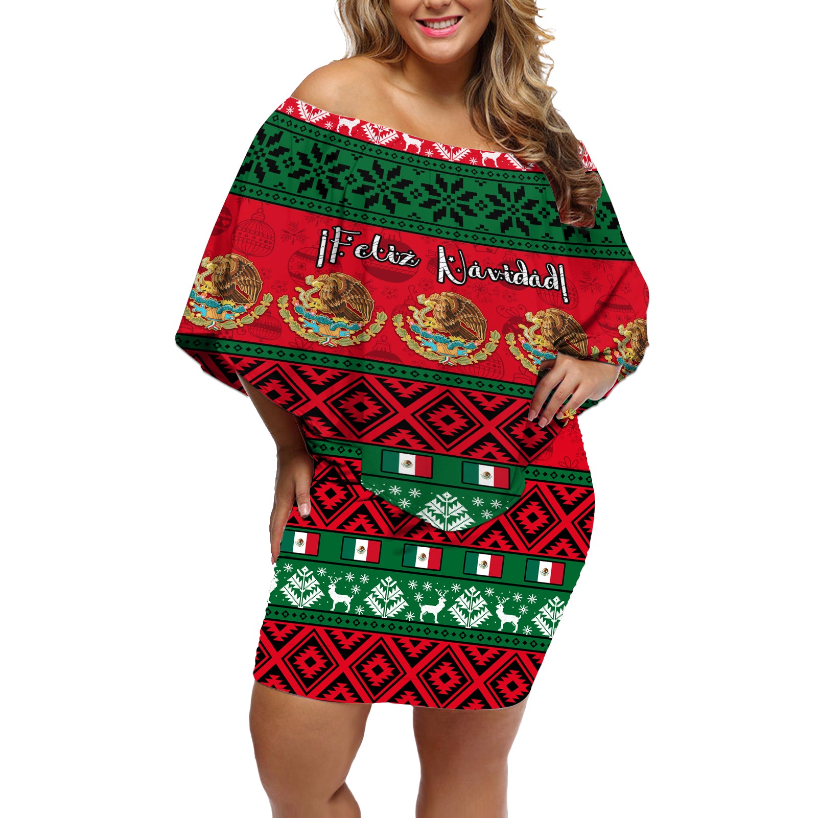 personalised-mexico-christmas-off-shoulder-short-dress-feliz-navidad-mexican-pattern