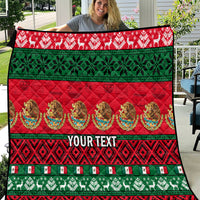 Red and green Christmas quilt with Feliz Navidad pattern and "YOUR TEXT" panel.
