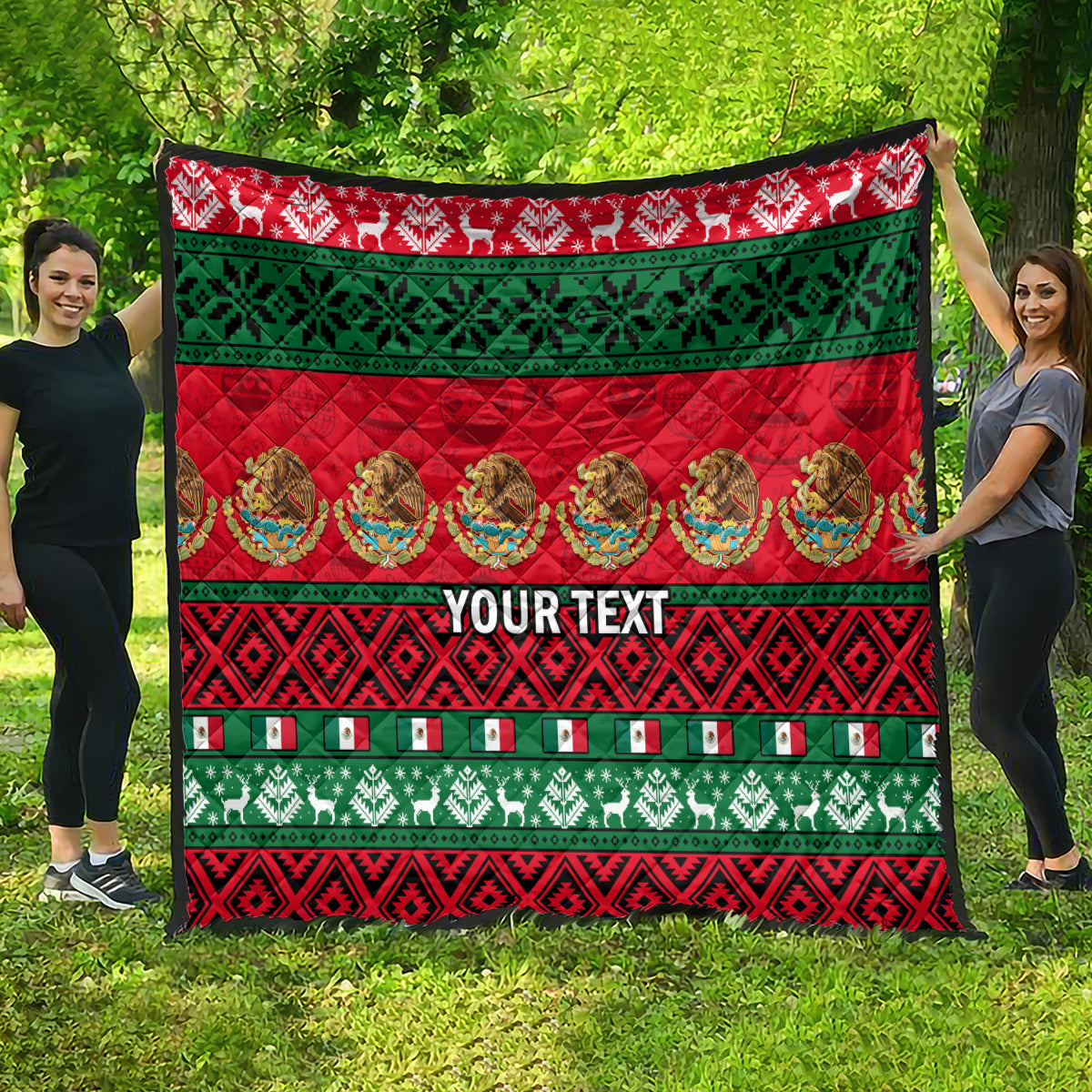 Red and green quilt with festive borders, ornate figures, and "YOUR TEXT".