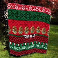 Red and green Christmas quilt close-up with patterned borders and "YOUR TEXT".