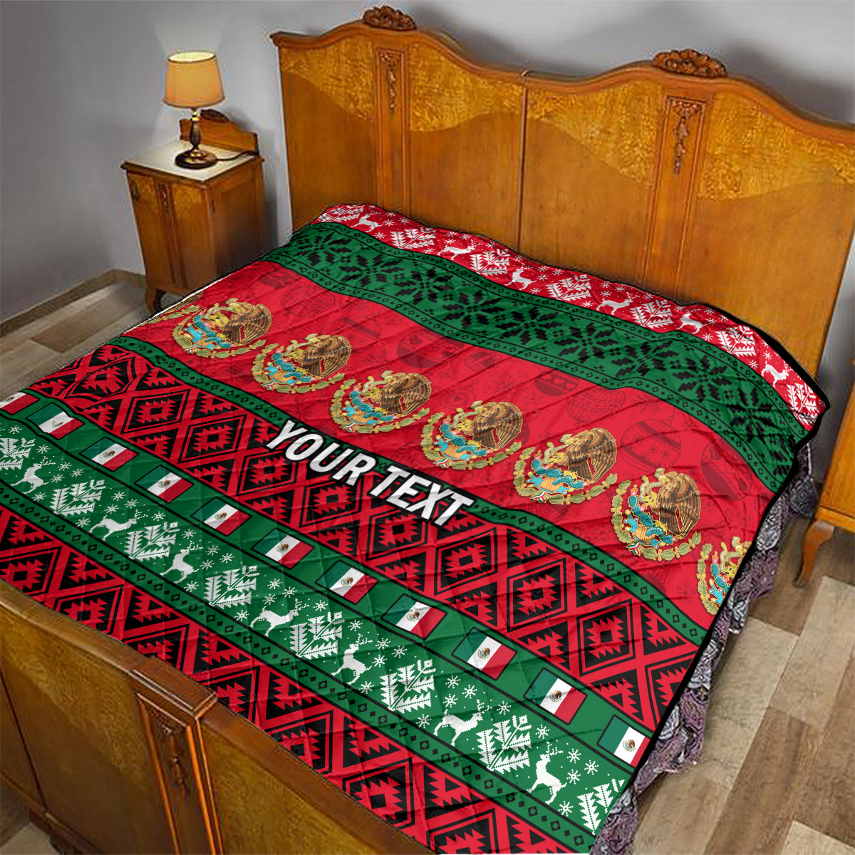 Red and green Feliz Navidad Christmas quilt on bed with "YOUR TEXT" center.