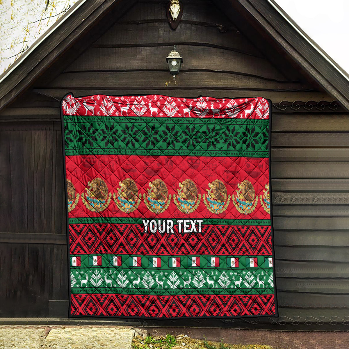 Red and green Christmas quilt featuring festive stripes and "YOUR TEXT".