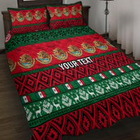 Personalized Christmas quilt bed set with bold red, green, and black holiday pattern on bed