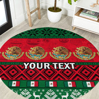 Red and green round Christmas carpet with festive pattern and 'YOUR TEXT' banner
