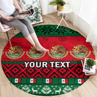 Red and green round Christmas carpet with festive pattern and 'YOUR TEXT' text