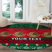 Round Christmas carpet in red and green with festive icons and 'YOUR TEXT' strip