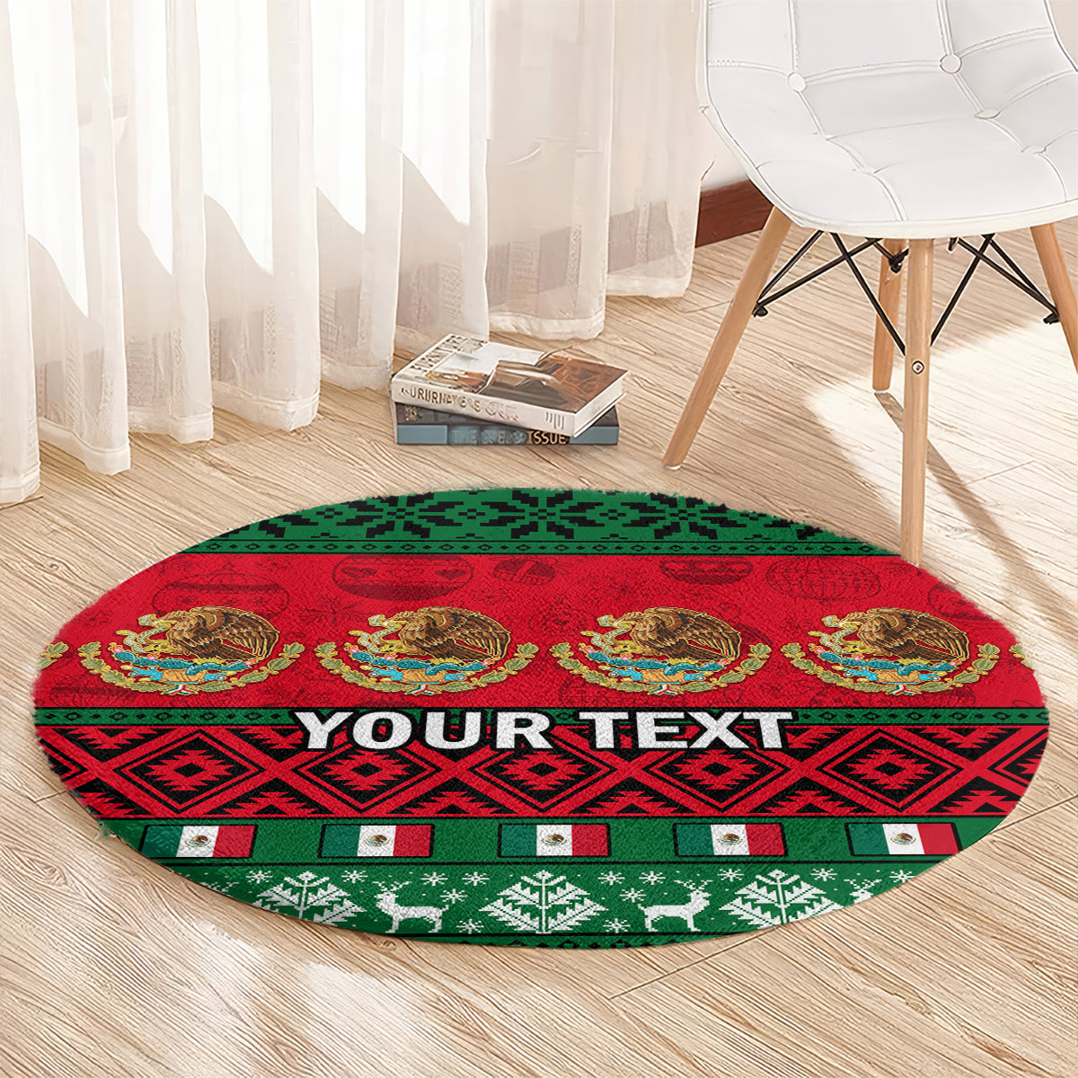 Red and green round Christmas carpet with festive icons border and 'YOUR TEXT'