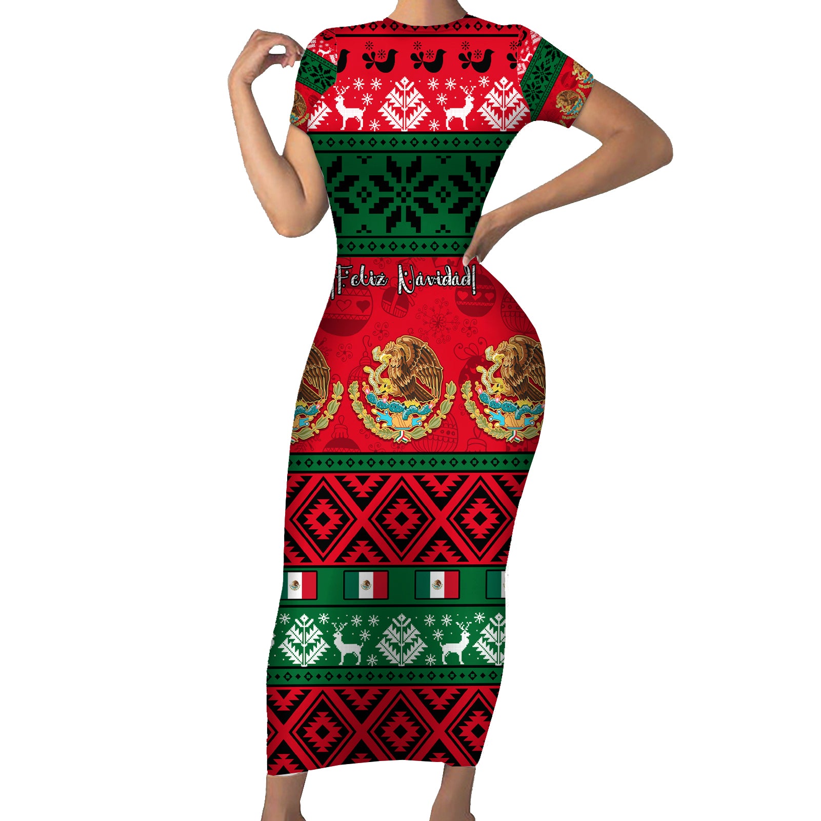 personalised-mexico-christmas-short-sleeve-bodycon-dress-feliz-navidad-mexican-pattern